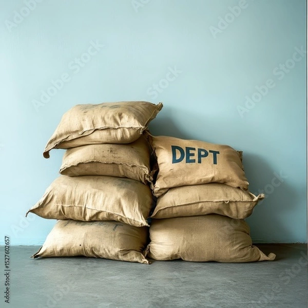 Fototapeta a pile of labeled department sacks ("Dept") set on a platform scale, with soft light blue color in the background 1