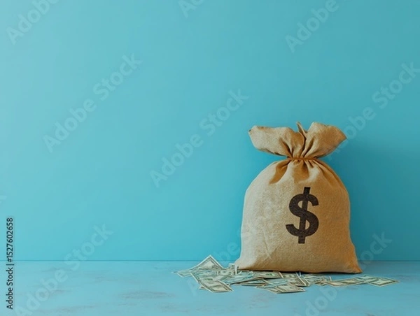 Fototapeta a full sack with the dollar sign prominently displayed and banknotes pouring from the opening, set against a light blue wall 8