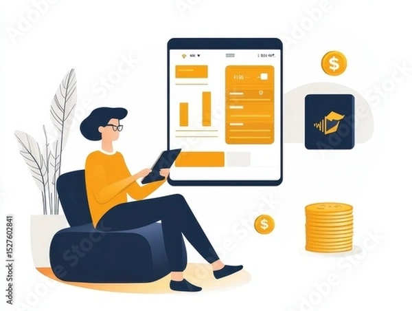 Fototapeta person using mobile banking, digital financial dashboard, crypto wallet and coins 1