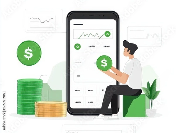 Fototapeta person using mobile banking, digital financial dashboard, crypto wallet and coins 