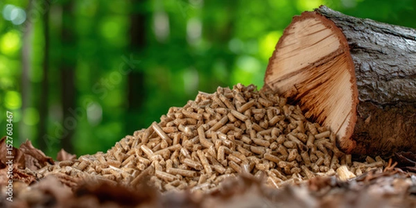 Fototapeta Wooden pellets and log spilling from a tree trunk showcasing sustainable biofuel energy