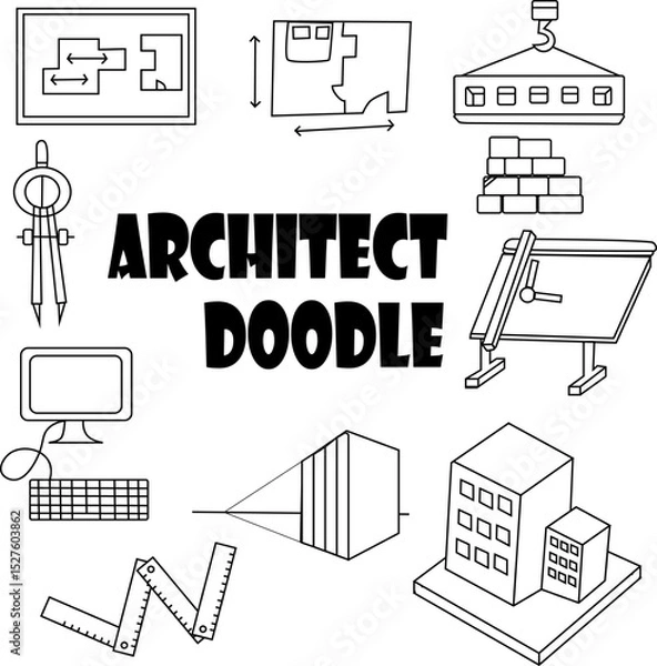 Fototapeta Architect Doodle Vector Illustration Featuring Tools, Building Plans, Drafting Instruments, and Construction Symbols for Design and Engineering Projects