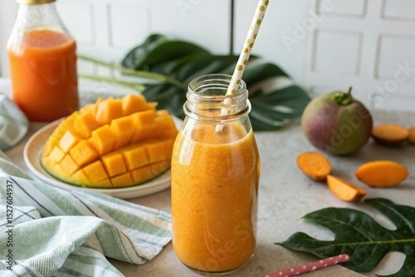 Fototapeta Whole Food Plant Based Refreshing mango carrot smoothie in eco-friendly glass bottle, showcasing vibrant colors and healthy ingredi...