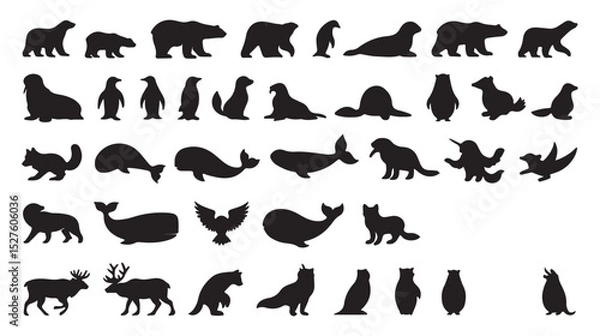 Fototapeta Collection of silhouette illustrations of various arctic and aquatic animals on a white background