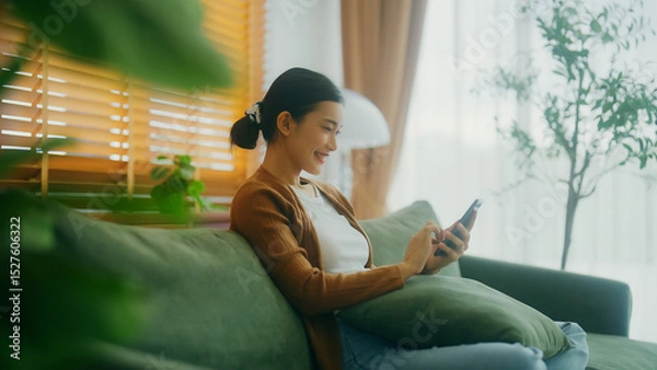 Fototapeta Smiling pretty young Asian woman sitting on cozy couch, using funny mobile apps in living room. Woman at home, Doing online shopping, Messaging friends, Posting on social Media