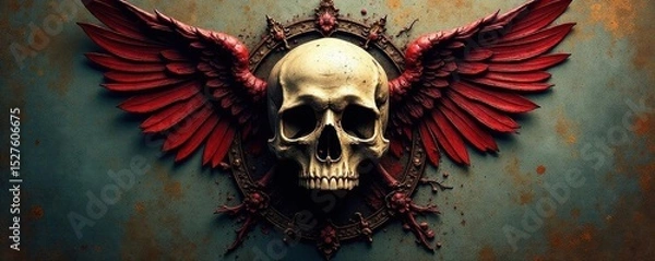 Fototapeta Grungy textured skull within a decaying heraldic crest, distressed, background, weathered