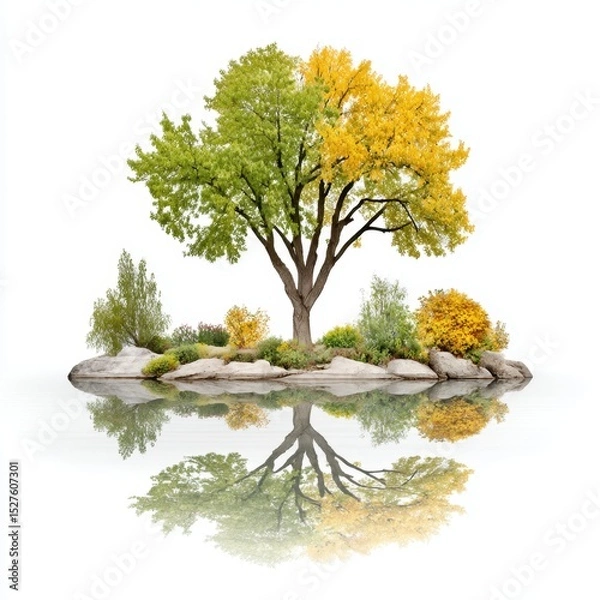 Fototapeta Tree splits seasons in half with yellow autumn and green summer on island.