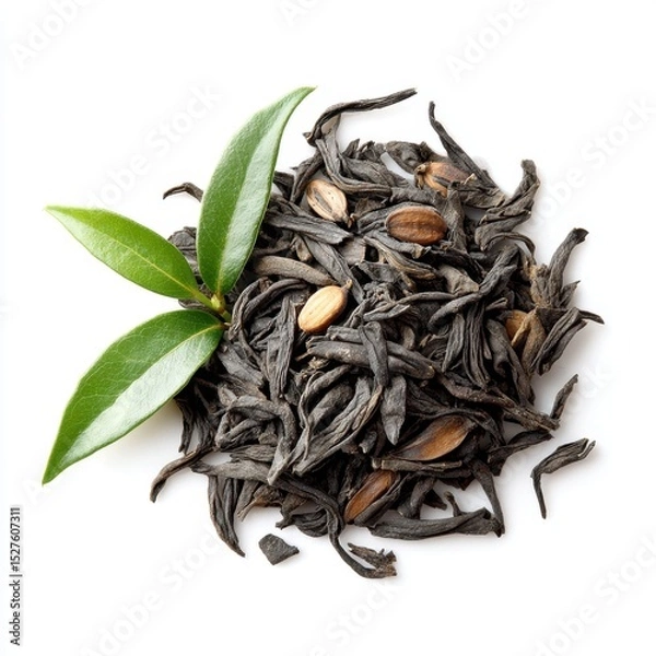 Fototapeta Pile of black tea leaves mixed with seeds and fresh leaves on white surface.