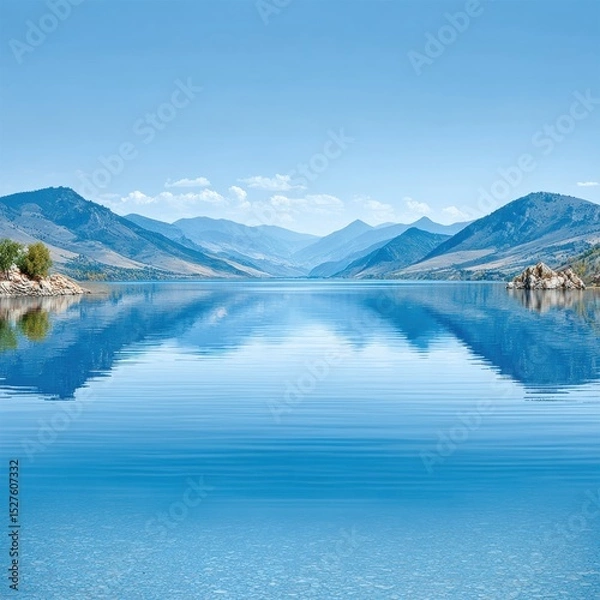 Fototapeta A tranquil lake mirrors distant mountains under a clear blue summer sky.