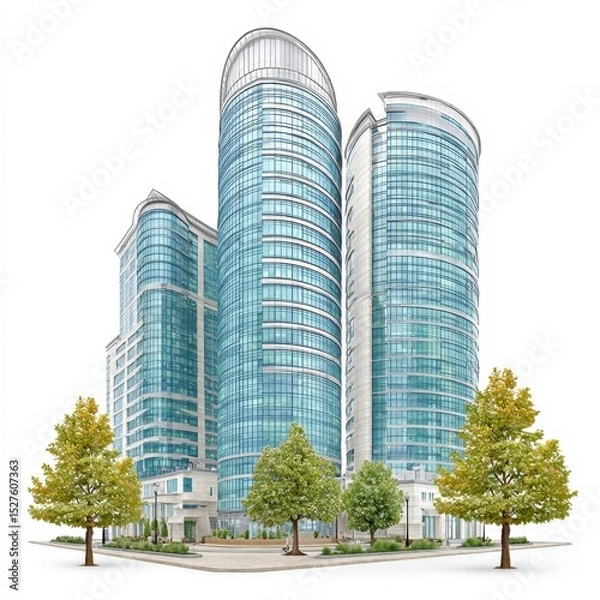 Fototapeta An architectural rende of modern high rise buildings against white background.