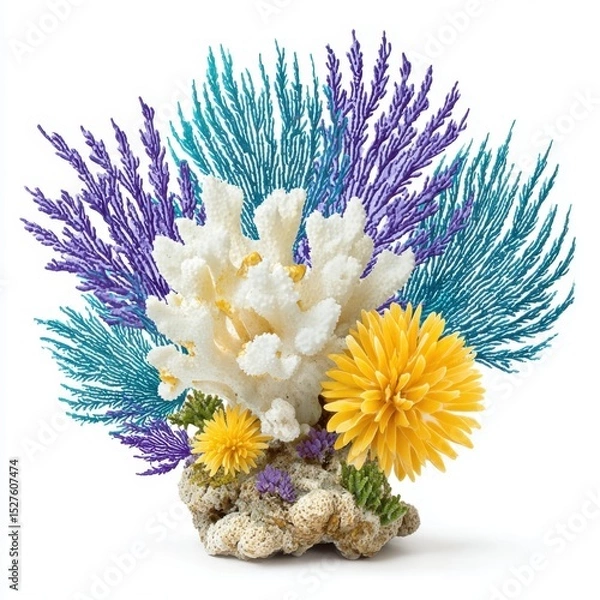 Fototapeta An arrangement of colorful artificial corals and flowers sits on a rock.