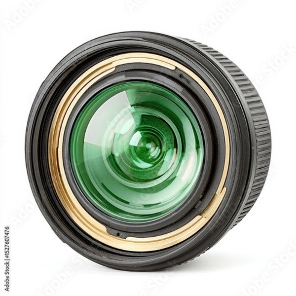 Fototapeta Camera lens with green reflection is isolated against a white background