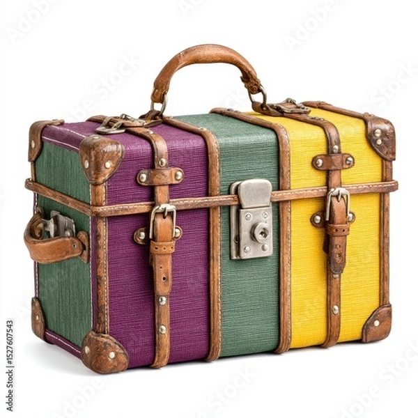 Fototapeta Antique multicolored suitcase sits isolated against a white backdrop today.