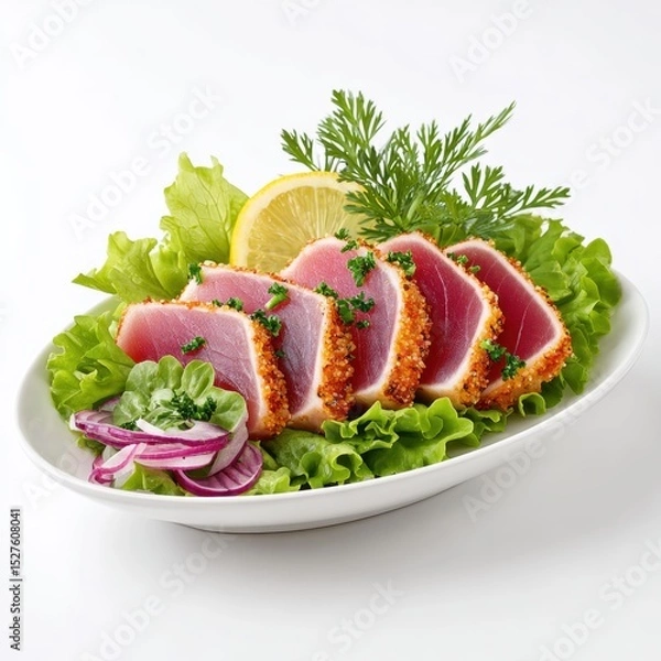 Fototapeta Seared tuna steaks are arranged on a bed of lettuce with lemon garnish.