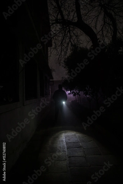 Fototapeta Mysterious pathway. Footpath in the dark, foggy, autumnal, mysterious forest.