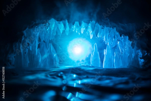 Fototapeta Surreal landscape with people exploring mysterious ice grotto cave. Outdoor adventure. Family exploring huge icy cave, dark majestic landscape. Magical silhouettes on background of illuminated ice