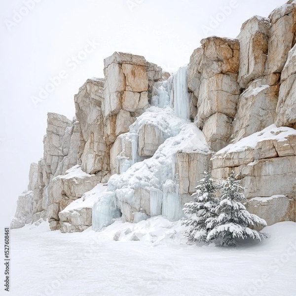 Fototapeta Snowy landscape featu a rocky cliff with ice formations and pine trees.