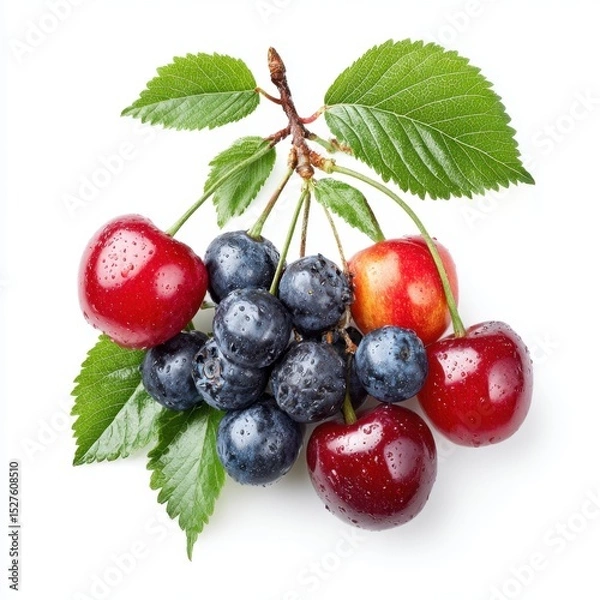 Fototapeta A small cluster of fresh cherries and blueberries rests on a white surface.