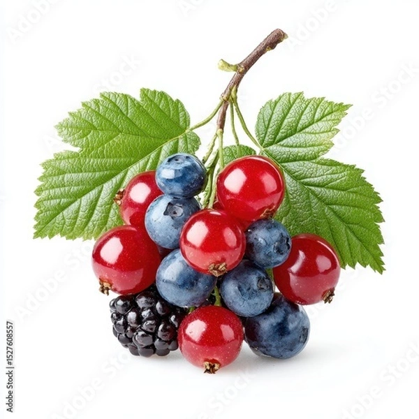 Fototapeta A vibrant mix of blueberries, red currants, and blackberries on white table.