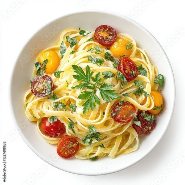 Fototapeta A bowl of linguine pasta is topped with cherry tomatoes and fresh parsley.