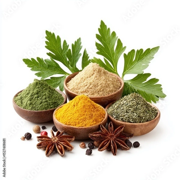 Fototapeta Various spices are displayed in wooden bowls with fresh herbs on white background.