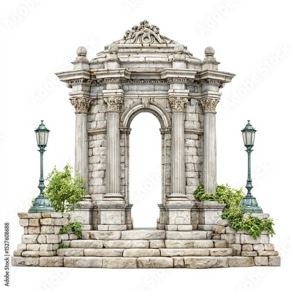 Fototapeta A beautiful stone archway with columns and steps stands against white sky.