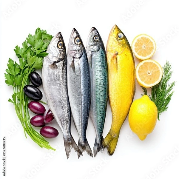 Fototapeta Four fresh raw fishes are arranged with lemon, herbs, and olives on white.