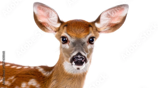 Fototapeta Close-up Portrait of a Young Fawn with Large Eyes and Soft Fur on a White Background