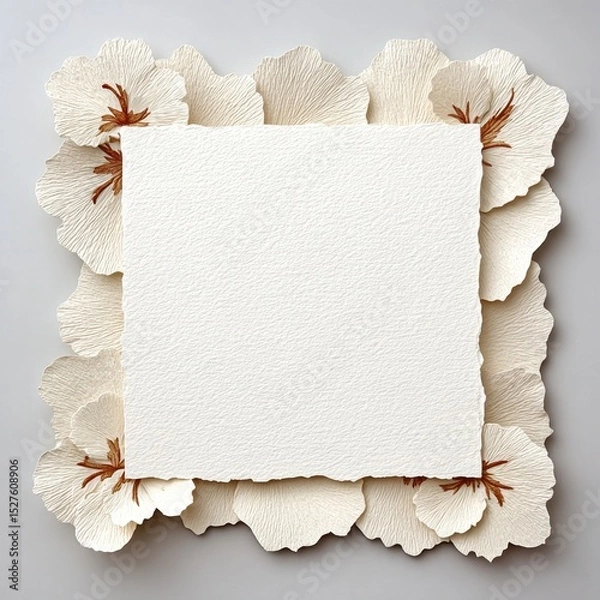 Fototapeta Delicate white paper flowers frame a textured square sheet of paper art.