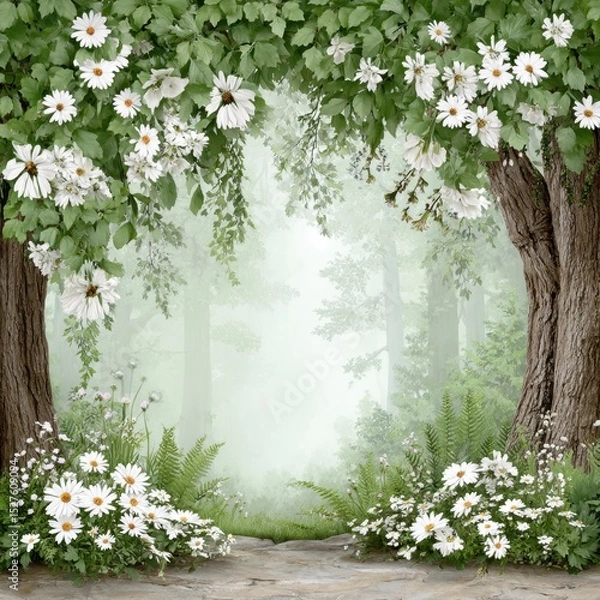 Fototapeta Forest pathway is framed by daisy blossoms and trees in a misty scene.
