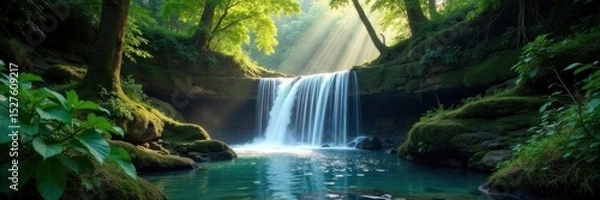 Fototapeta Hidden waterfall in deep forest, sunlight filtering through canopy, wild, sunlight