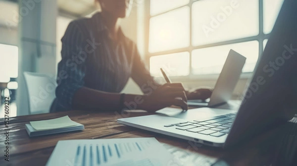 Fototapeta Professional woman working at modern desk with laptop, taking notes, in bright office setting with large windows and sunlight streaming in