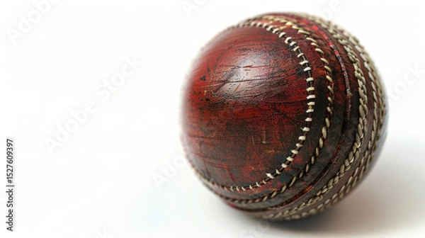 Fototapeta Close-up of a Vintage Cricket Ball with Textured Surface and Detailed Stitching on a Clean White Background