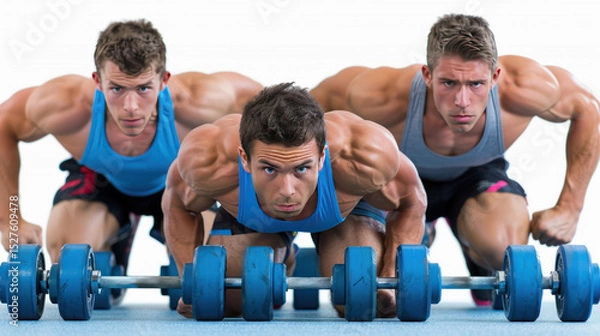 Fototapeta Group of Fit Men Engaged in Intense Push-Up Workout with Dumbbells in Modern Gym Setting