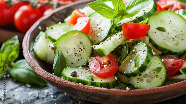 Fototapeta Vegetable Salad with Cucumbers, Tomatoes, and Basil, Ideal for Healthy Eating and Summer Gatherings, Garnished with Olive Oil and Spices