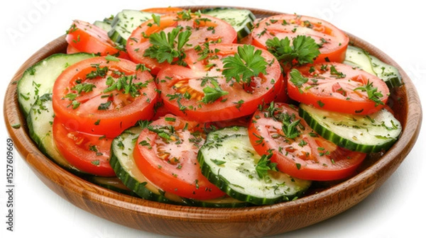 Fototapeta Sliced Tomato and Cucumber Salad Garnished with Fresh Herbs on a Wooden Plate
