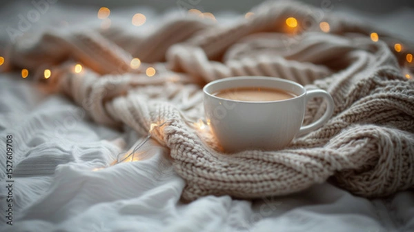Fototapeta Cozy Cup of Coffee on Warm Knit Blanket with Soft Lights for Inviting Home Atmosphere and Relaxation in Comforting Indoor Space