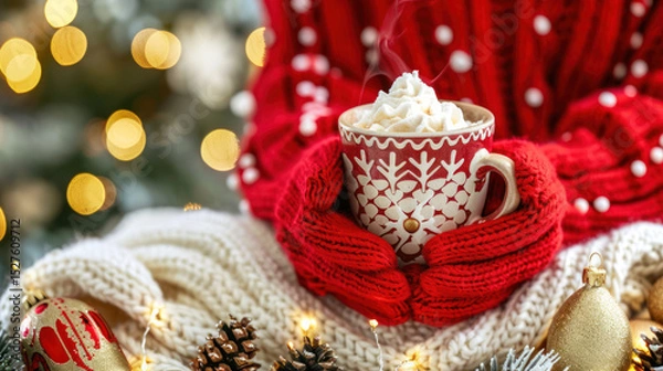 Fototapeta Warm Festive Drink Surrounded by Cozy Holiday Decorations and Soft Textiles for a Joyful Winter Atmosphere