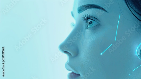 Fototapeta Close-Up of a Woman's Face with Neon Facial Markings and High-Tech Elements in a Cool Blue Tone