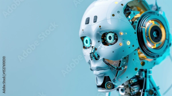 Fototapeta Futuristic humanoid robot head showcasing intricate design and details with glowing elements against a light blue backdrop