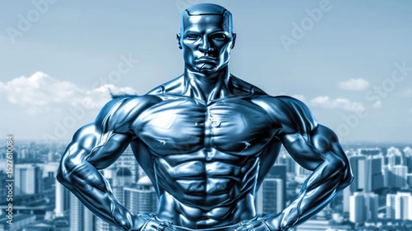 Fototapeta Muscular Metallic Figure with City Skyline in Background Symbolizing Strength and Future Technology