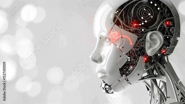 Fototapeta Futuristic robotic head with intricate mechanical components and glowing elements set against a soft blurred background