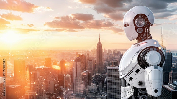 Fototapeta Futuristic Robot Gazing Over City Skyline at Sunset with Skyscrapers and Clouds in New York