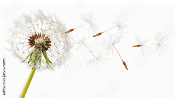 Fototapeta Dandelion Seed Head with Wispy Seeds Floating Against a White Background