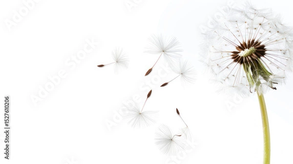 Fototapeta Delicate Dandelion Seeds Floating in the Air with Soft White Background Representing Freedom and Nature's Beauty