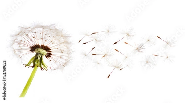 Fototapeta Dandelion Seed Head with Fluffy Seeds Floating in the Breeze Against a White Background