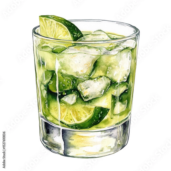 Fototapeta Caipirinha cocktail with crushed ice and lime slices in a short glass. Watercolor illustration isolated on transparent background. Traditional Brazilian drink with cachaca