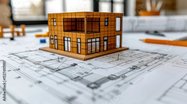 Fototapeta Architectural Model and Blueprints on a Work Desk in Design Office Environment