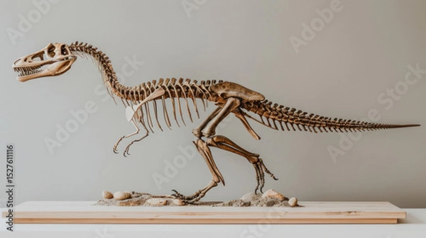 Fototapeta Detailed Dinosaur Skeleton Model Display on Neutral Background Perfect for Educational or Decorative Purposes in Museums or Homes