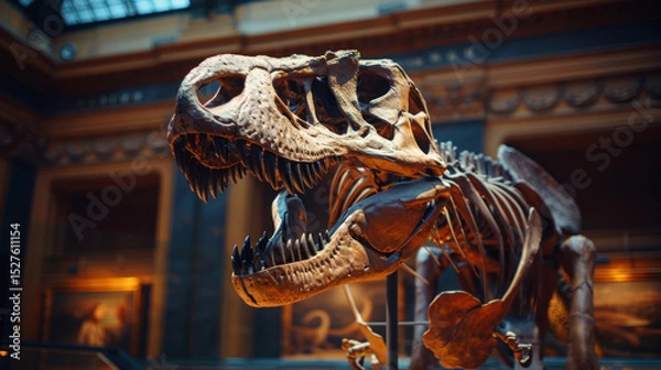 Fototapeta Tyrannosaurus rex skeleton on display in a museum highlighting prehistoric life and the awe of dinosaurs for educational purposes
